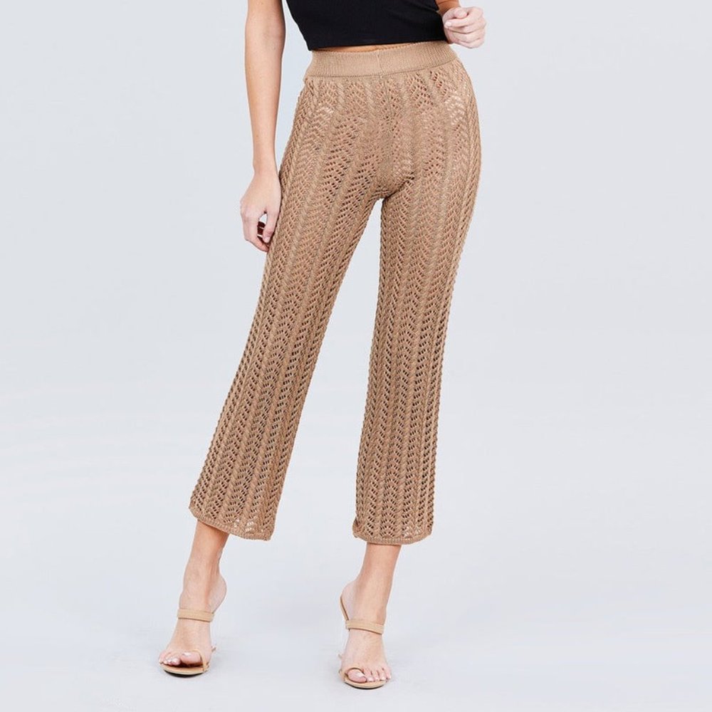Flare Long Fishnet Sweater Pants-Khaki